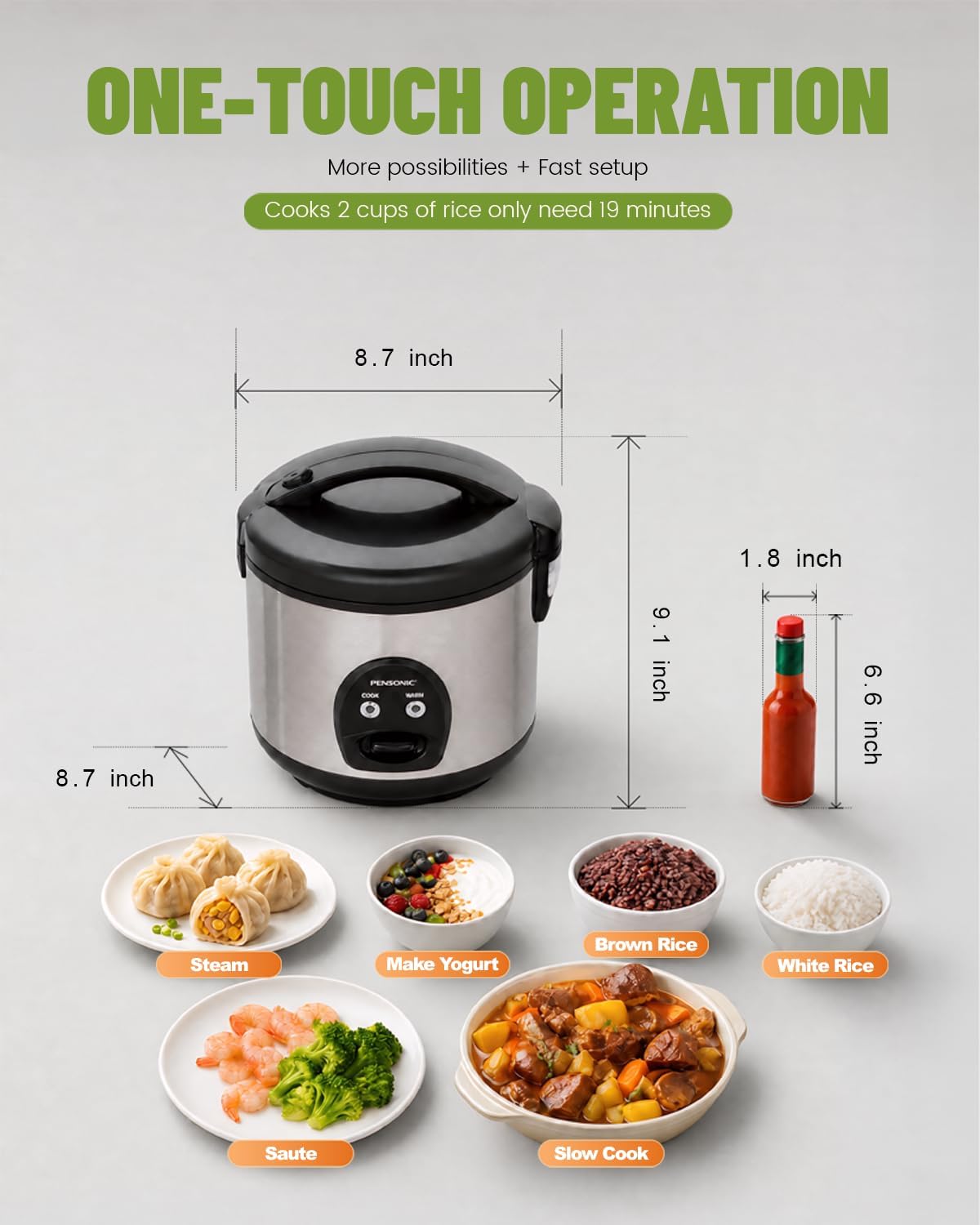 5-Cup Uncooked Rice Cooker, Electric One-Touch for Asian Japanese Sushi, Stainless Steel Inner Pot with Removable Lid & Steamer, Automatic Keep Warm, Silver - Image 6