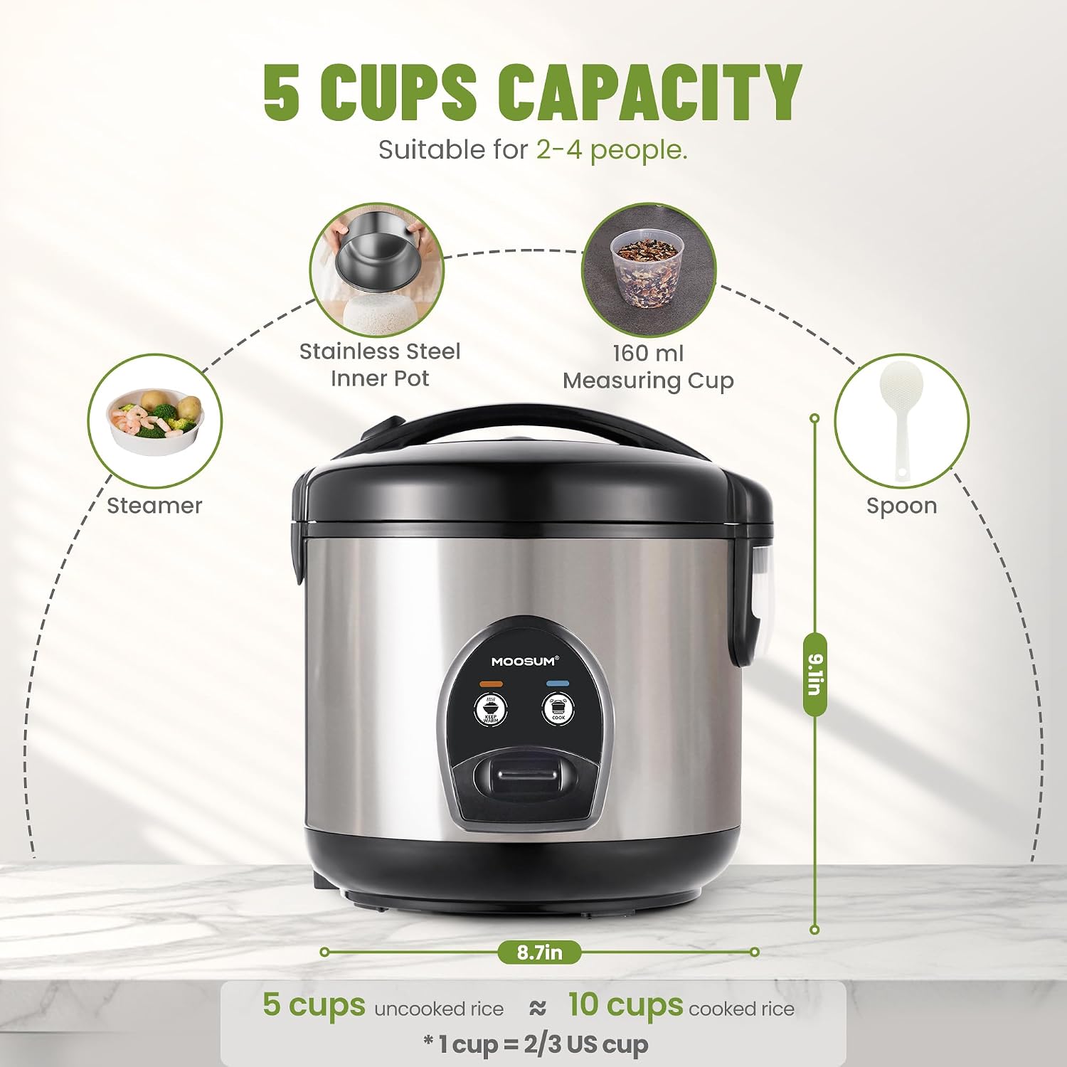 5-Cup Uncooked Rice Cooker, Electric One-Touch for Asian Japanese Sushi, Stainless Steel Inner Pot with Removable Lid & Steamer, Automatic Keep Warm, Silver - Image 3