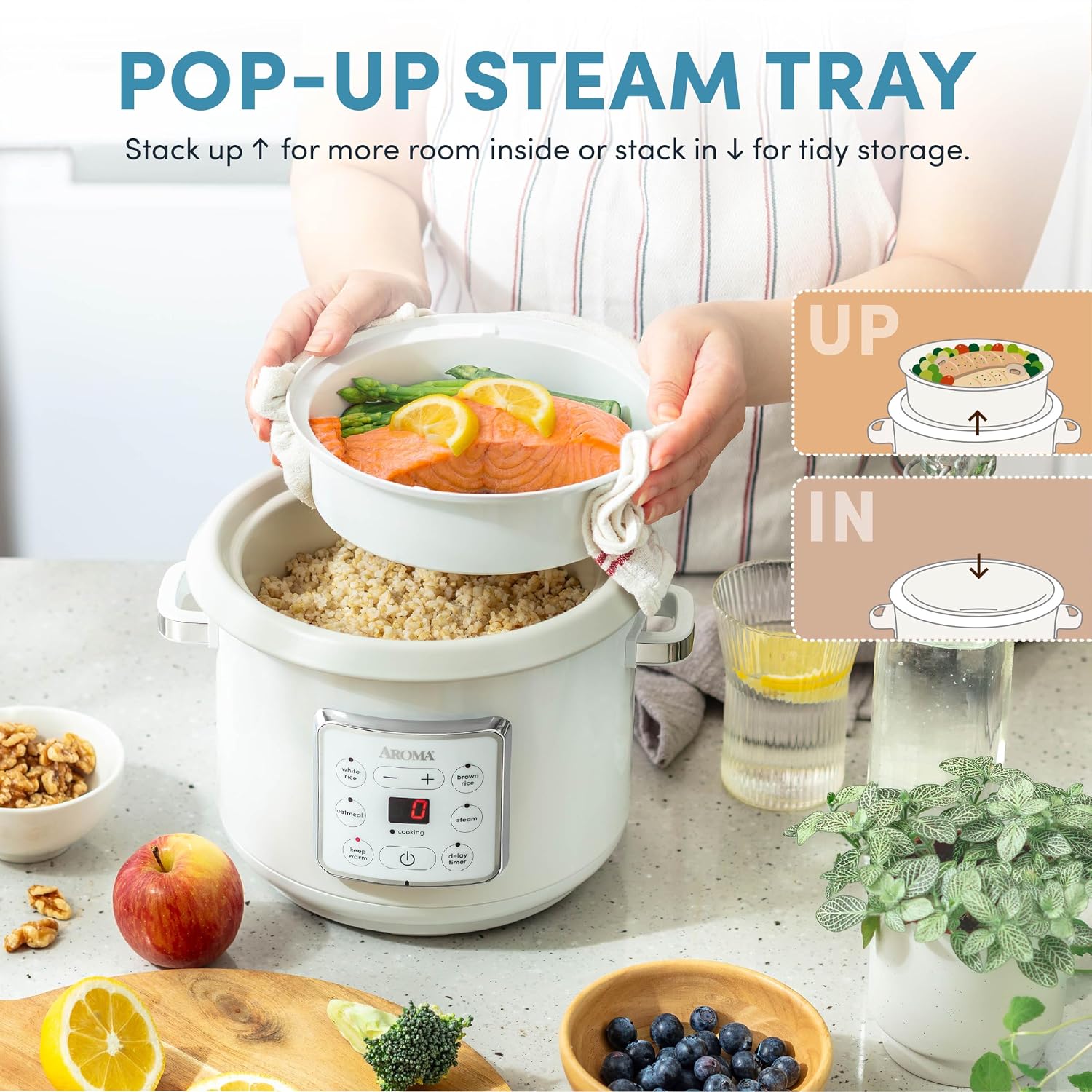 AROMA CoreCoat™ Digital Rice Cooker (8 Cups Cooked) and Steamer with Nonstick Ceramic Rice Cooker Pot Coating and Pop-Up Steam Tray, 2 Quarts - Image 6