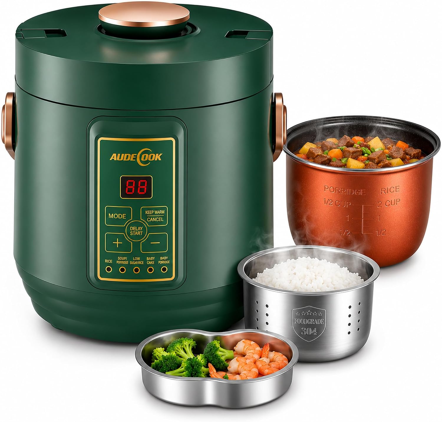 Audecook Low Carb Rice Cooker 2-Cup Uncooked Mini Multicooker - 1