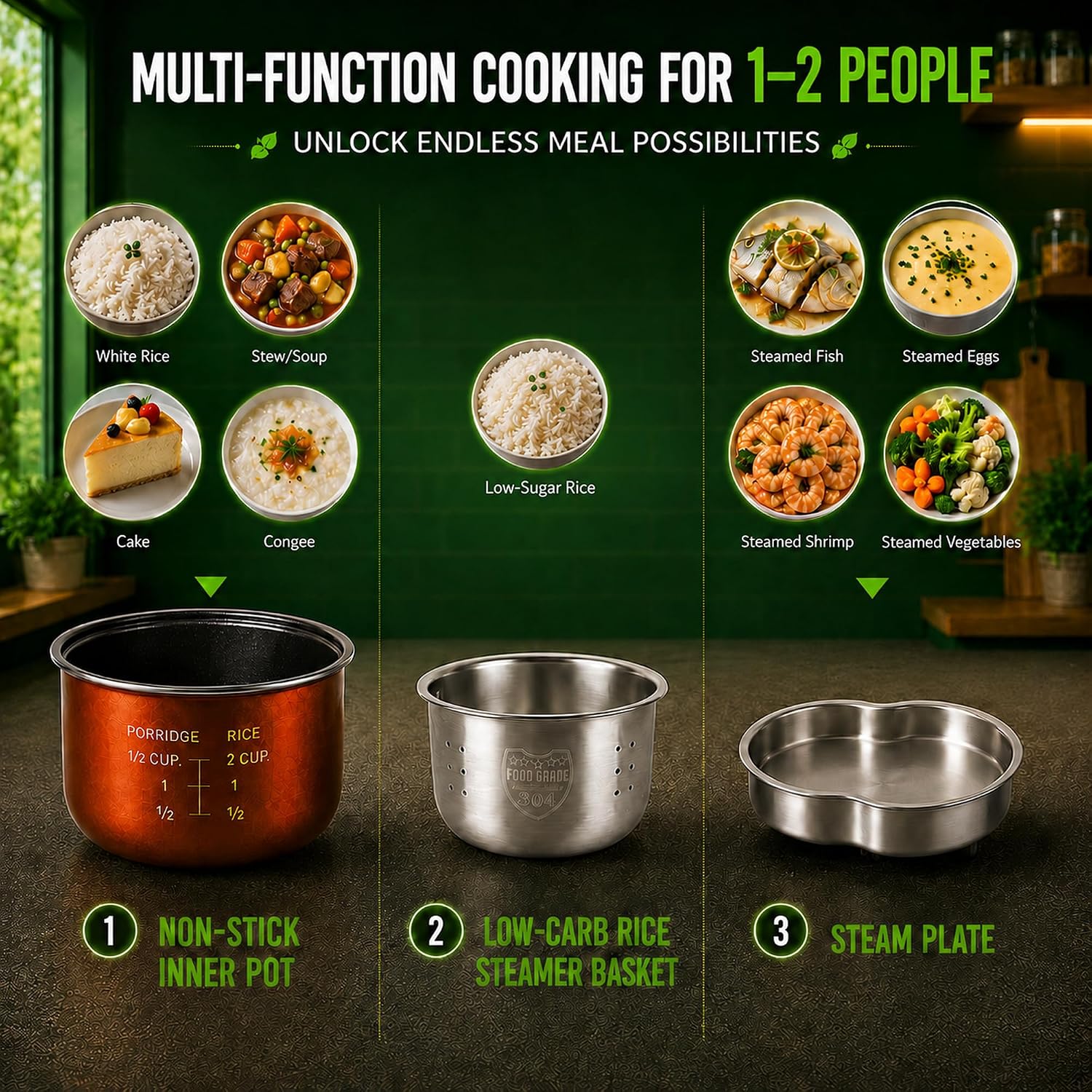 Audecook Low Carb Rice Cooker 2-Cup Uncooked Mini Multicooker - Image 5
