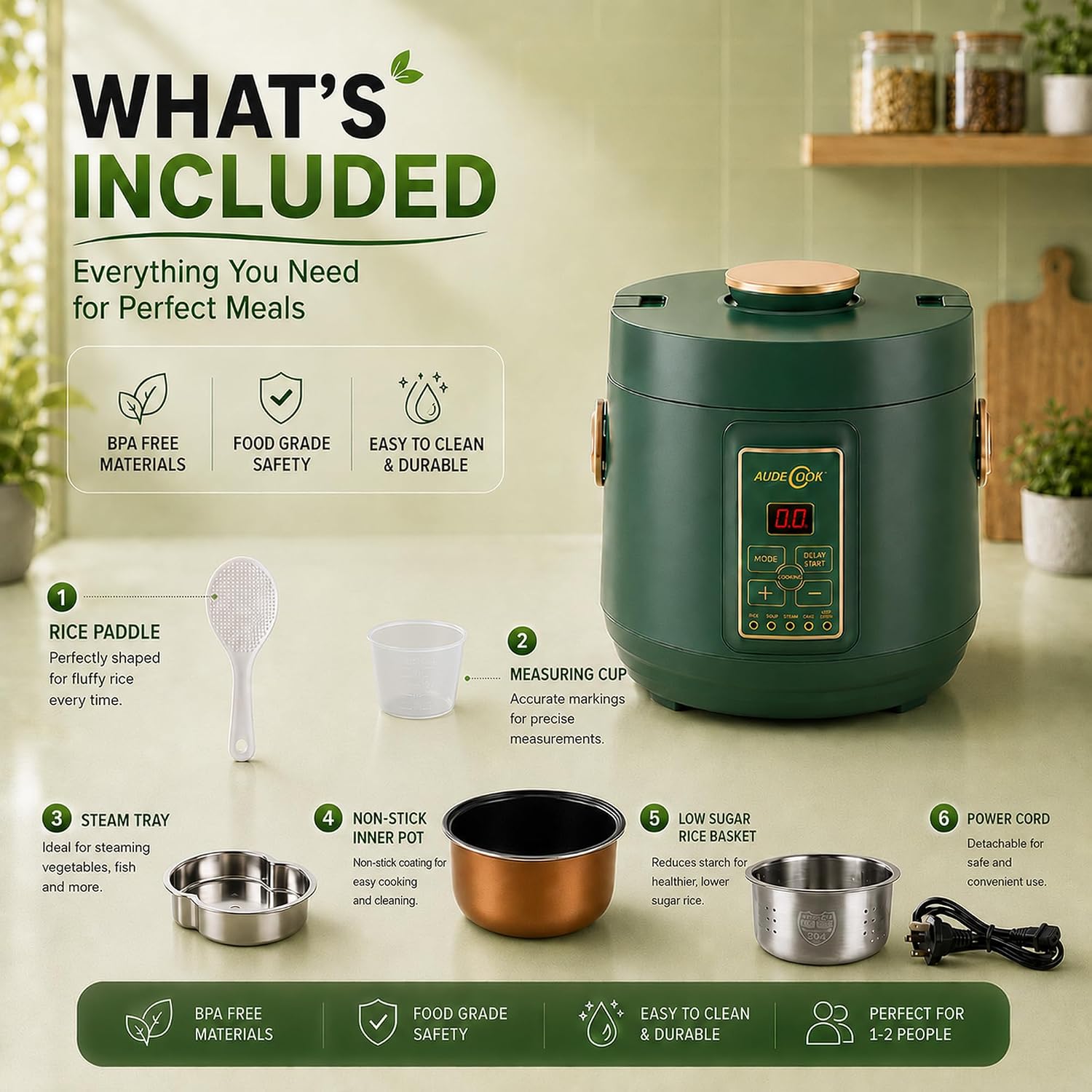 Audecook Low Carb Rice Cooker 2-Cup Uncooked Mini Multicooker - Image 3