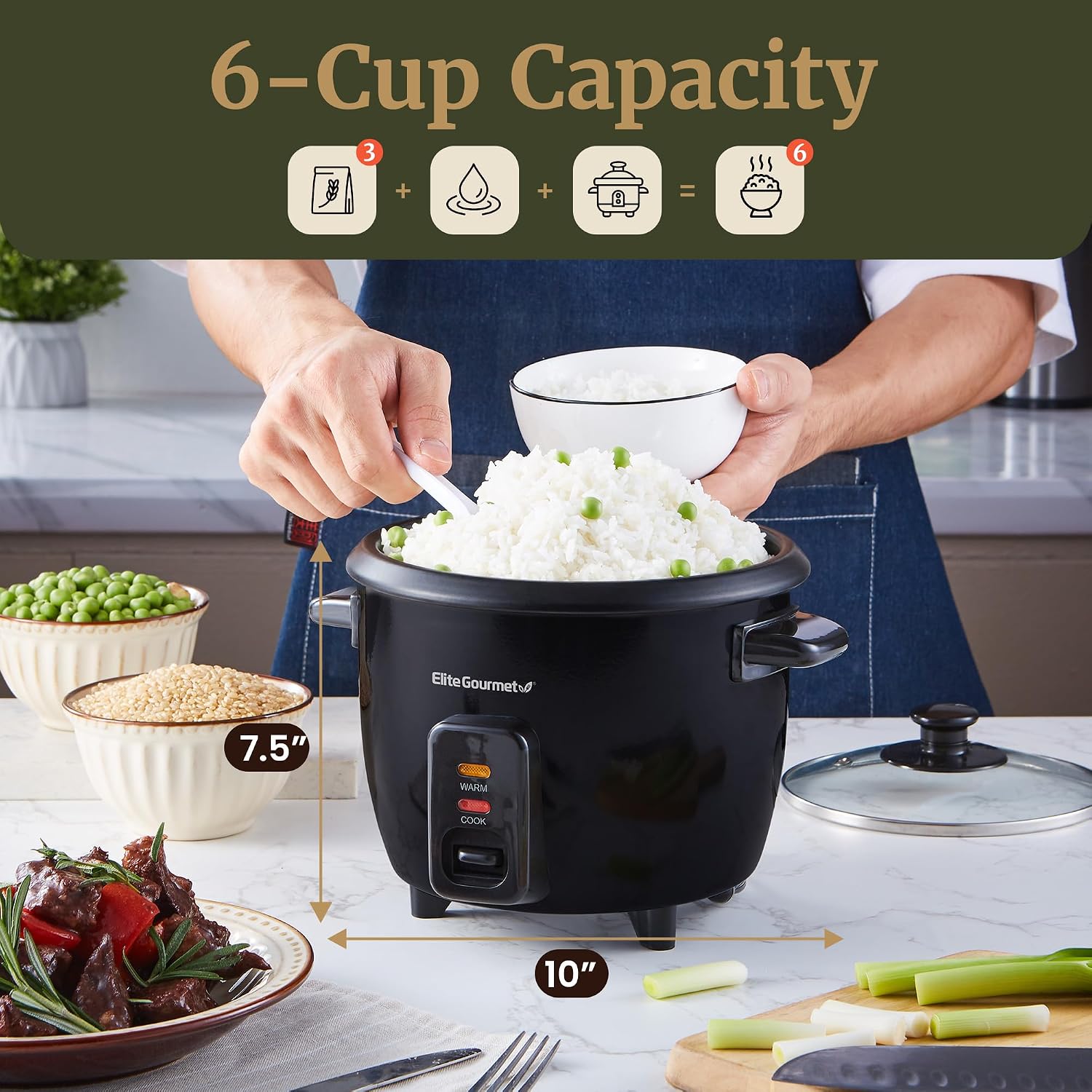 Elite Gourmet Electric Rice Cooker with Steam Tray and Non-Stick Inner Pot Makes Soups, Stews, Grains, Cereals, Keep Warm Feature, 6 Cups Cooked (3 Cups Uncooked), Black - Image 9