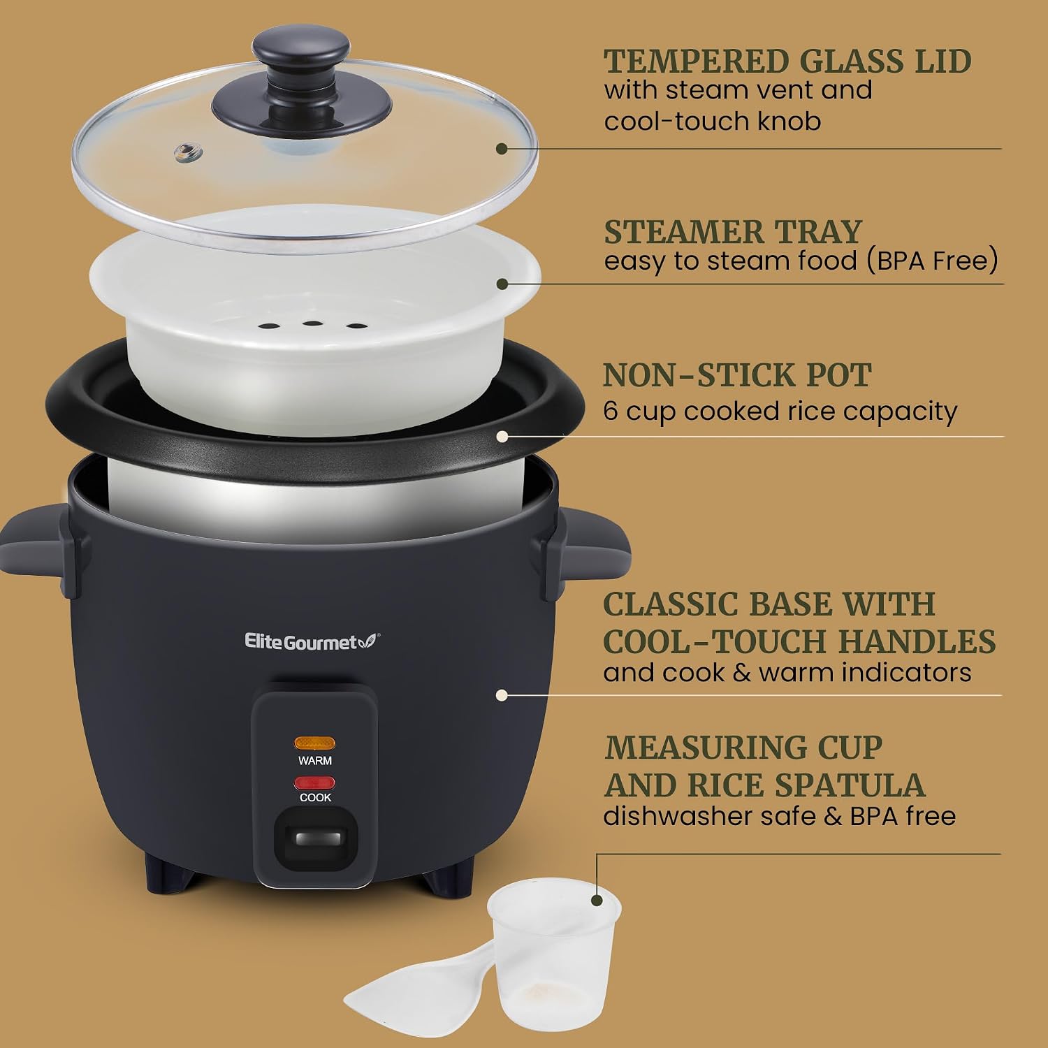 Elite Gourmet Electric Rice Cooker with Steam Tray and Non-Stick Inner Pot Makes Soups, Stews, Grains, Cereals, Keep Warm Feature, 6 Cups Cooked (3 Cups Uncooked), Black - Image 5