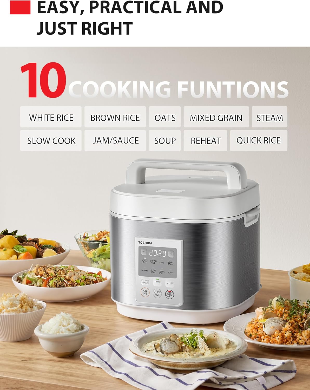 TOSHIBA Rice Cooker Heritage Bento Box, Digital Control, 10-Cup Uncooked Rice Capacity, 9 Functions with 3D Heating and 24-Hour Auto Keep Warm - Image 10