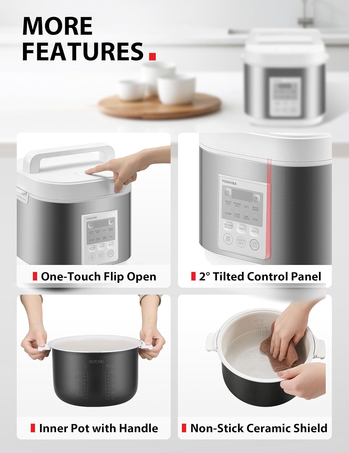 TOSHIBA Rice Cooker Heritage Bento Box, Digital Control, 10-Cup Uncooked Rice Capacity, 9 Functions with 3D Heating and 24-Hour Auto Keep Warm - Image 5