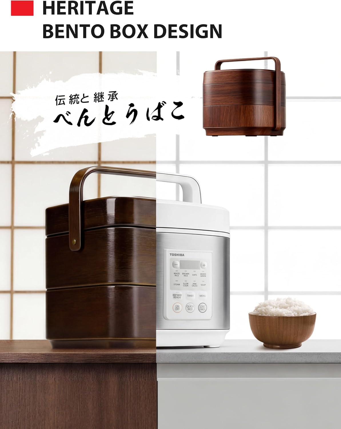 TOSHIBA Rice Cooker Heritage Bento Box, Digital Control, 10-Cup Uncooked Rice Capacity, 9 Functions with 3D Heating and 24-Hour Auto Keep Warm - Image 4
