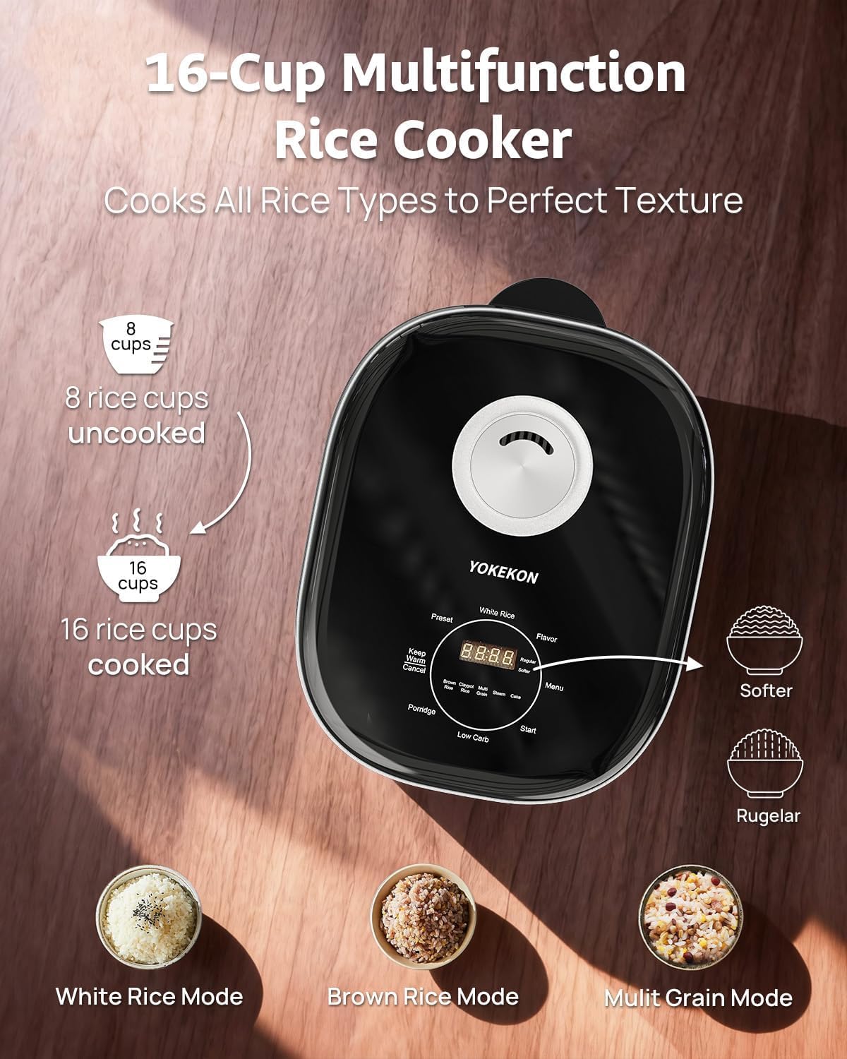 YOKEKON Low Carb Low Sugar Rice Cooker Stainless Steel Inner Pot,Black - Image 9