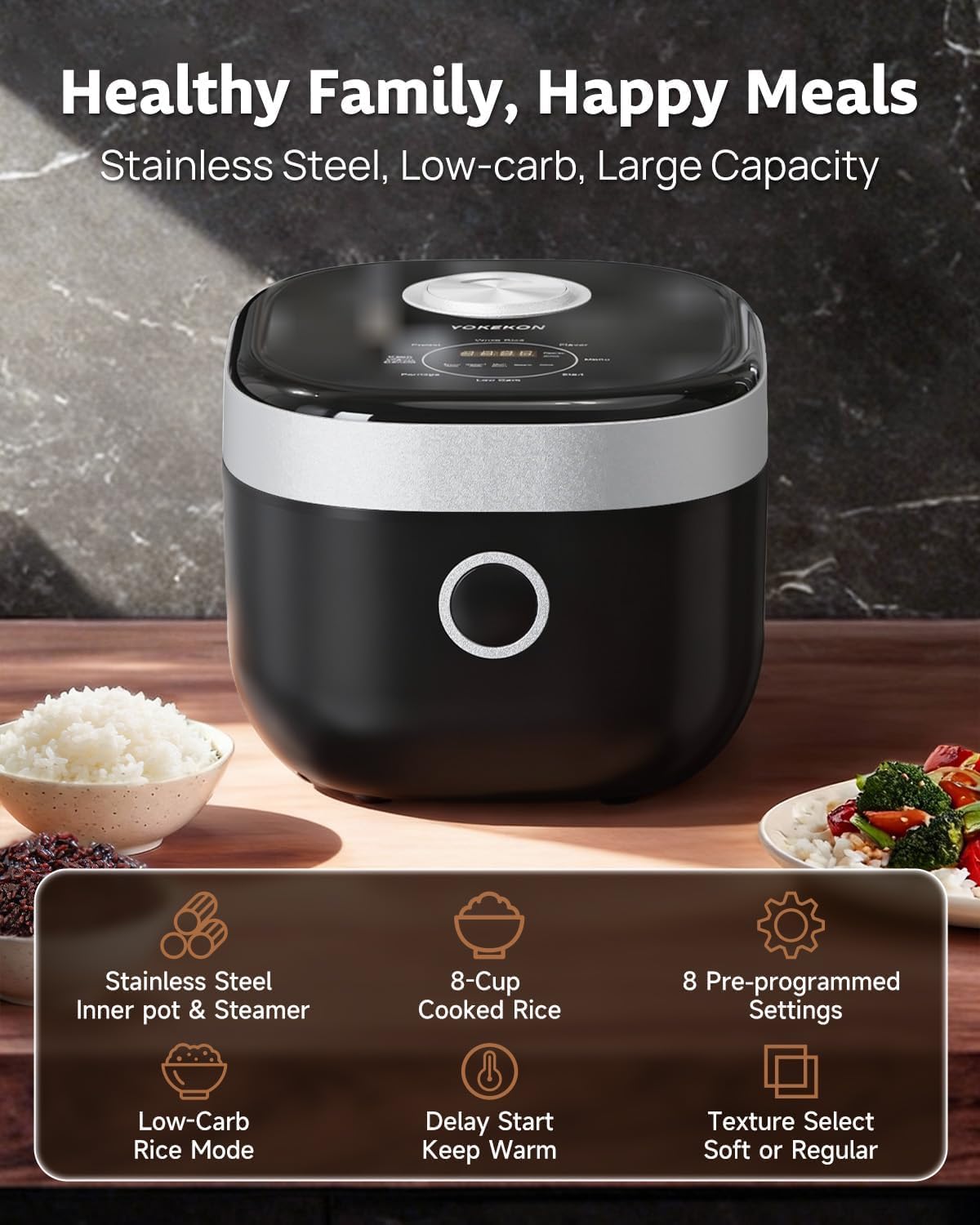 YOKEKON Low Carb Low Sugar Rice Cooker Stainless Steel Inner Pot,Black - Image 5