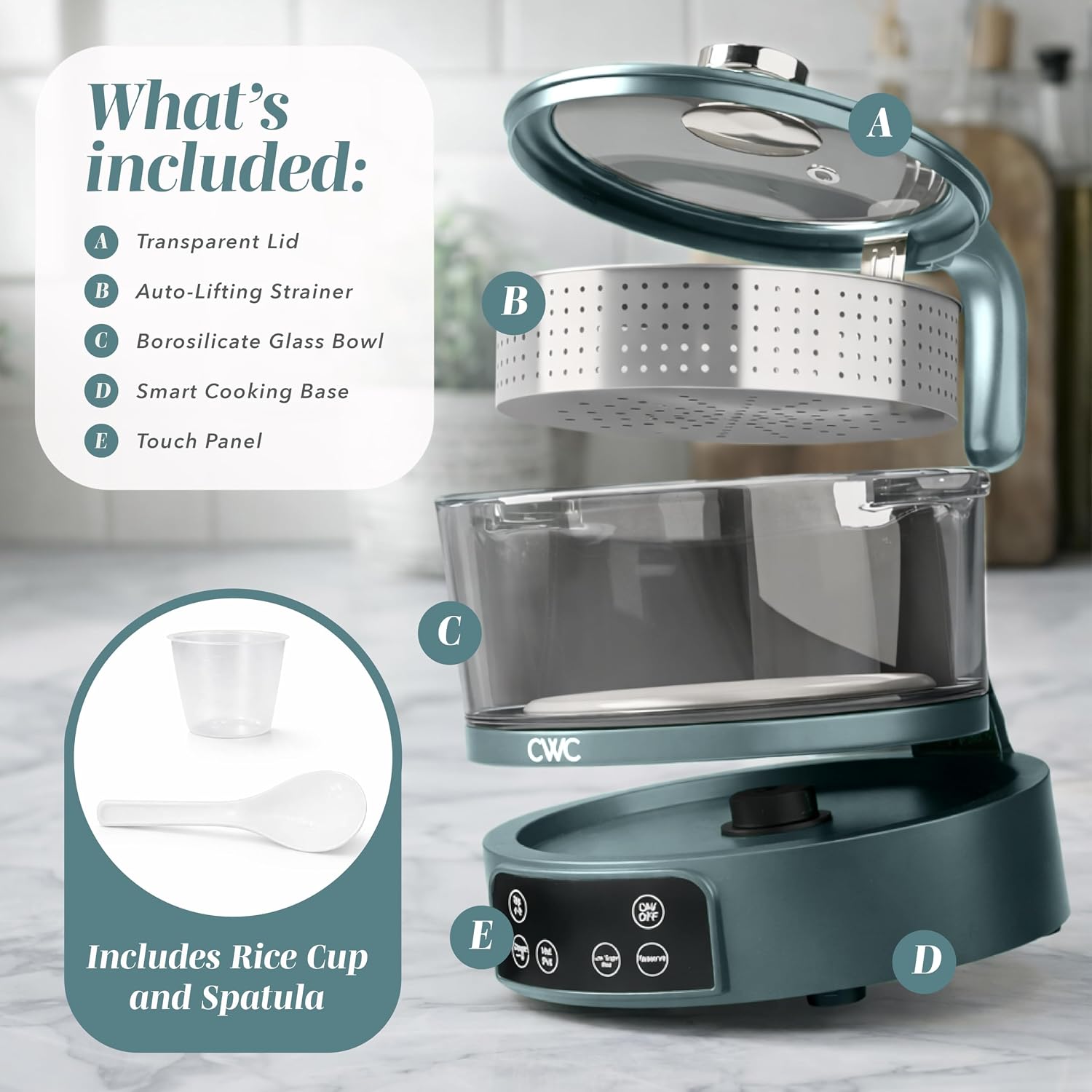 COOK WITH COLOR Glass Mini Low Carb Rice Cooker – Holds 2 Cups Raw/Makes 6 Cups Cooked with Auto Lift Filter Basket, Hotpot & Steamer for Rice, Grains, Digital Panel with Keep Warm, Slate Blue - Image 8