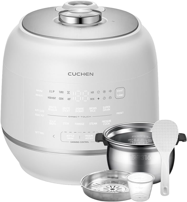 Cuchen 10-Cup Premium IH Pressure Rice Cooker with 316Ti Stainless Steel Inner Pot, 2.1 Bar High Pressure for Multi-Grain & Canning, Auto Steam Clean, White - 1