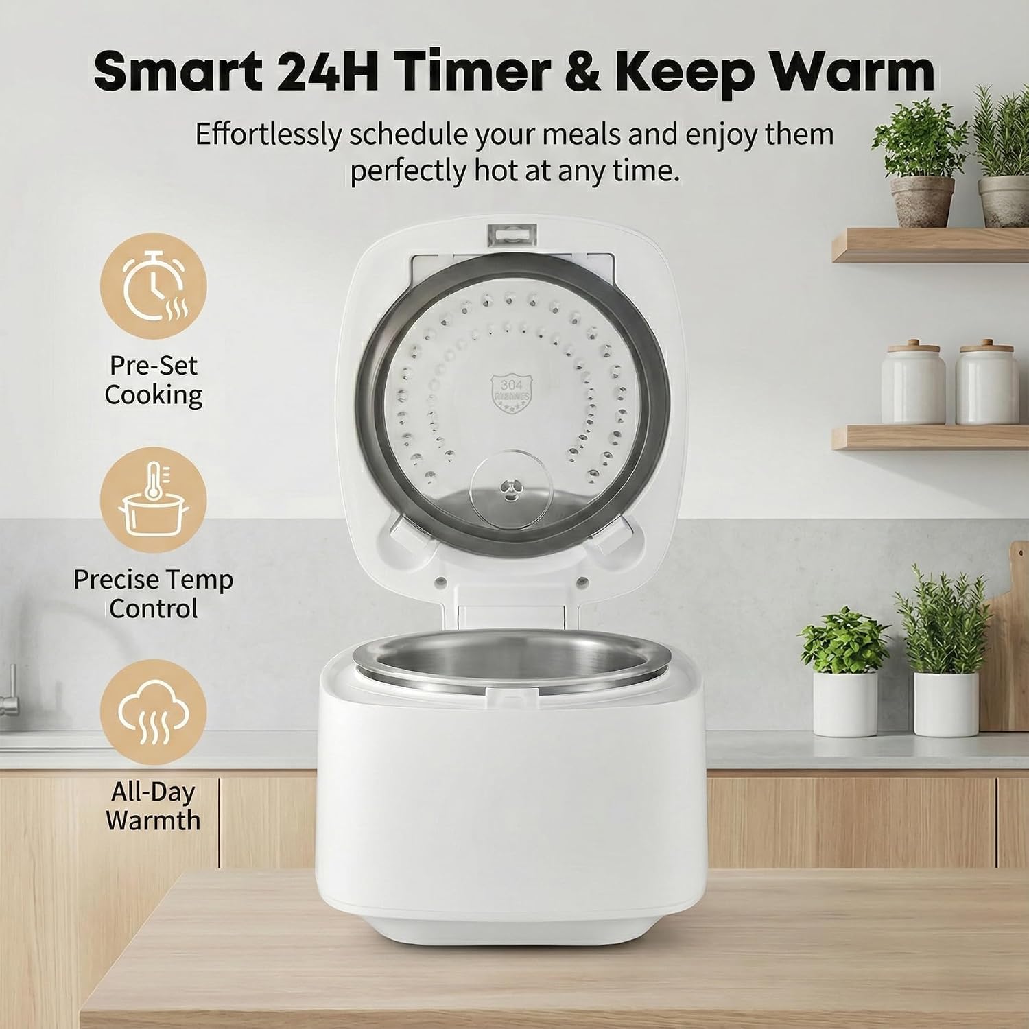 OCTAVO Low Carb Rice Cooker, 5-Cup Uncooked Stainless Steel Inner Pot, Low Sugar Rice Maker with 24H Timer and Auto Keep Warm, Small Rice Maker LED Display, White Rice/Brown Rice/Grains/Oatmeal, Bead-blasted - Image 3