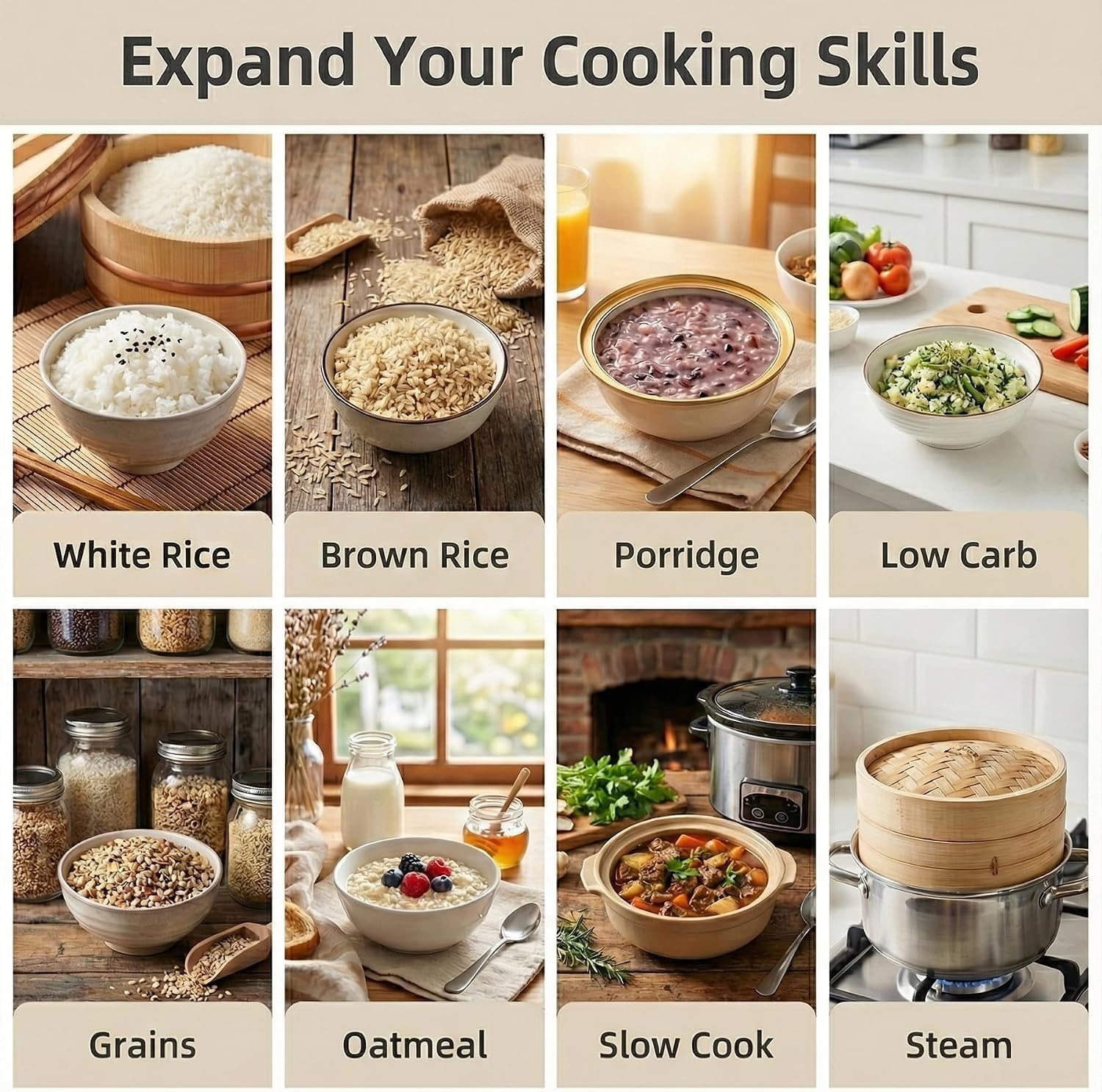 OCTAVO Low Carb Rice Cooker, 5-Cup Uncooked Stainless Steel Inner Pot, Low Sugar Rice Maker with 24H Timer and Auto Keep Warm, Small Rice Maker LED Display, White Rice/Brown Rice/Grains/Oatmeal, Bead-blasted - Image 4