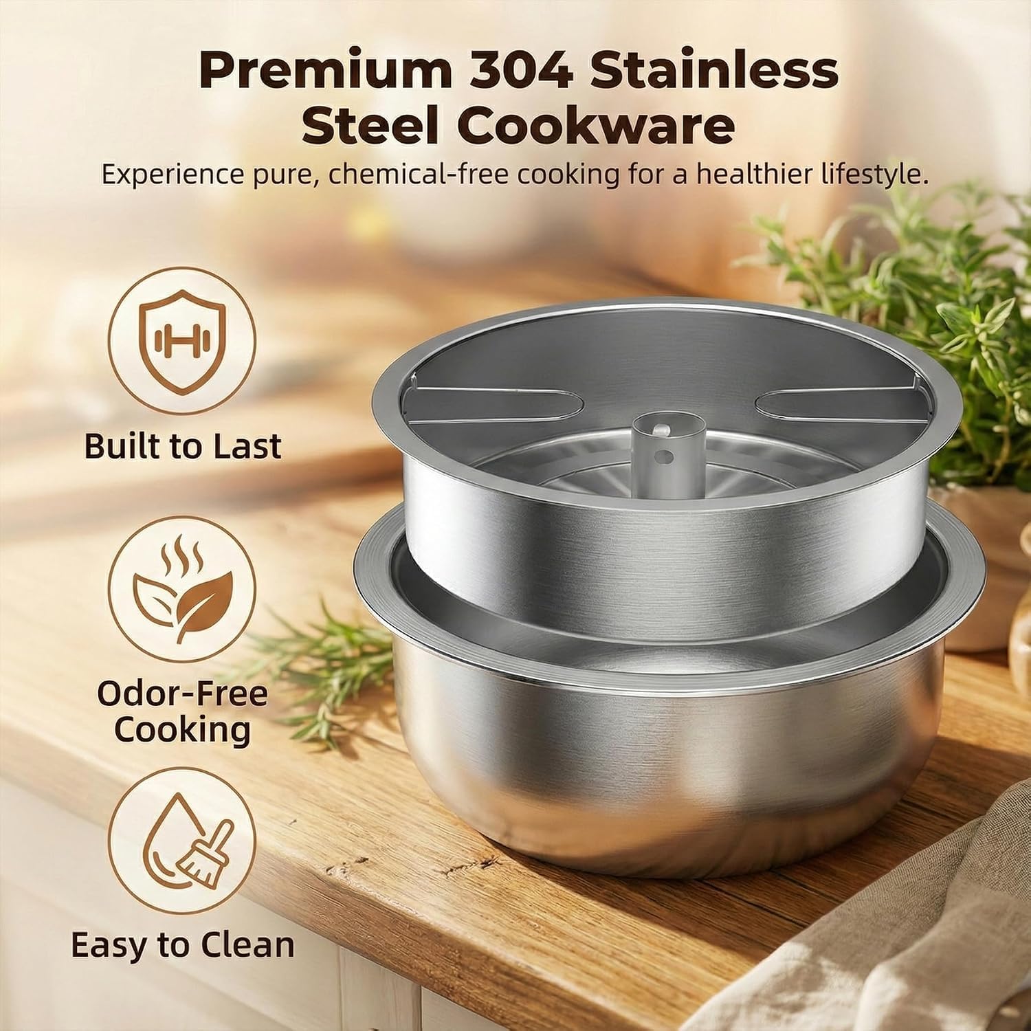 OCTAVO Low Carb Rice Cooker, 5-Cup Uncooked Stainless Steel Inner Pot, Low Sugar Rice Maker with 24H Timer and Auto Keep Warm, Small Rice Maker LED Display, White Rice/Brown Rice/Grains/Oatmeal, Bead-blasted - Image 5