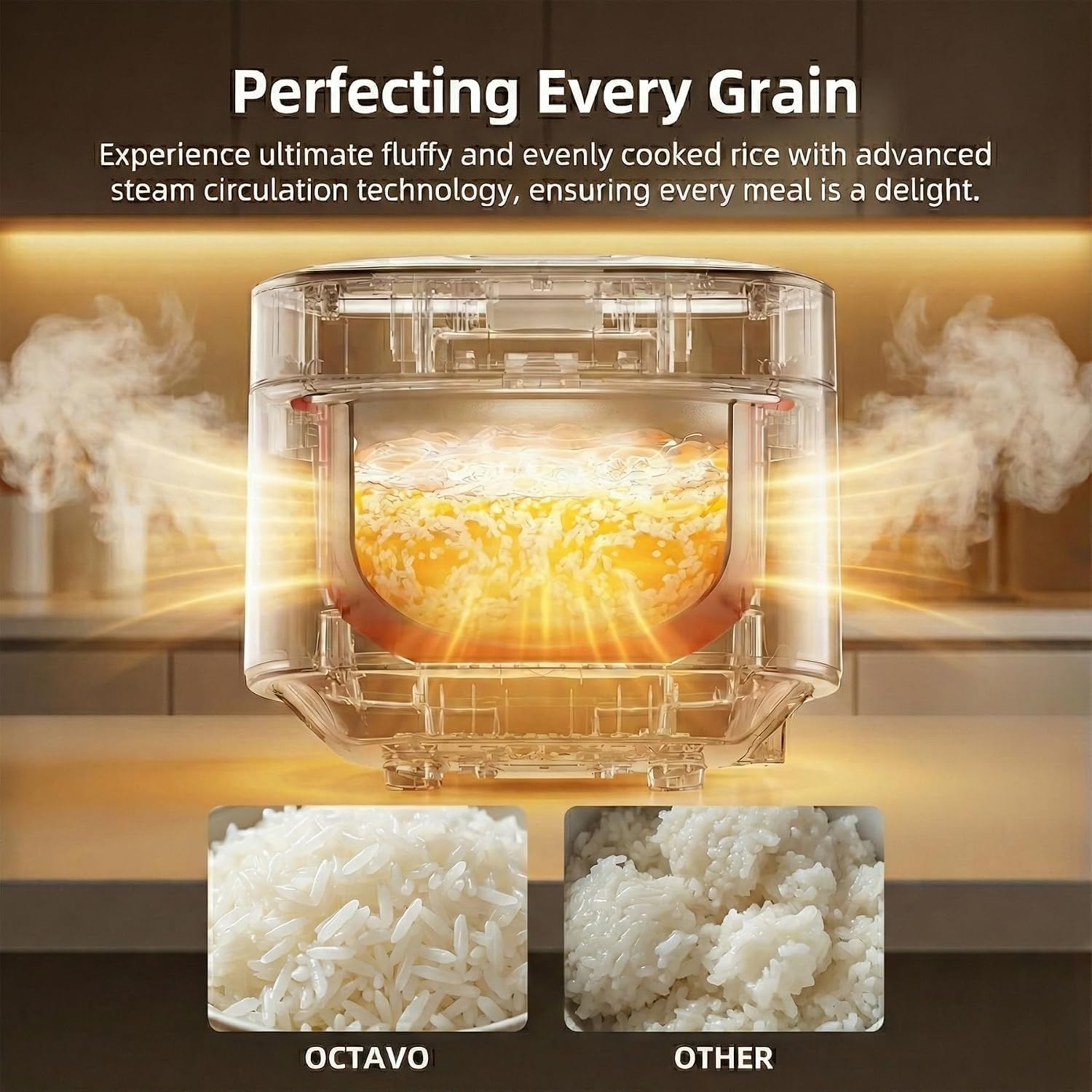 OCTAVO Low Carb Rice Cooker, 5-Cup Uncooked Stainless Steel Inner Pot, Low Sugar Rice Maker with 24H Timer and Auto Keep Warm, Small Rice Maker LED Display, White Rice/Brown Rice/Grains/Oatmeal, Bead-blasted - Image 6
