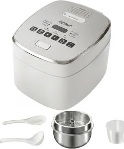 OCTAVO Low Carb Rice Cooker, 5-Cup Uncooked Stainless Steel Inner Pot, Low Sugar Rice Maker with 24H Timer and Auto Keep Warm, Small Rice Maker LED Display, White Rice/Brown Rice/Grains/Oatmeal, Bead-blasted