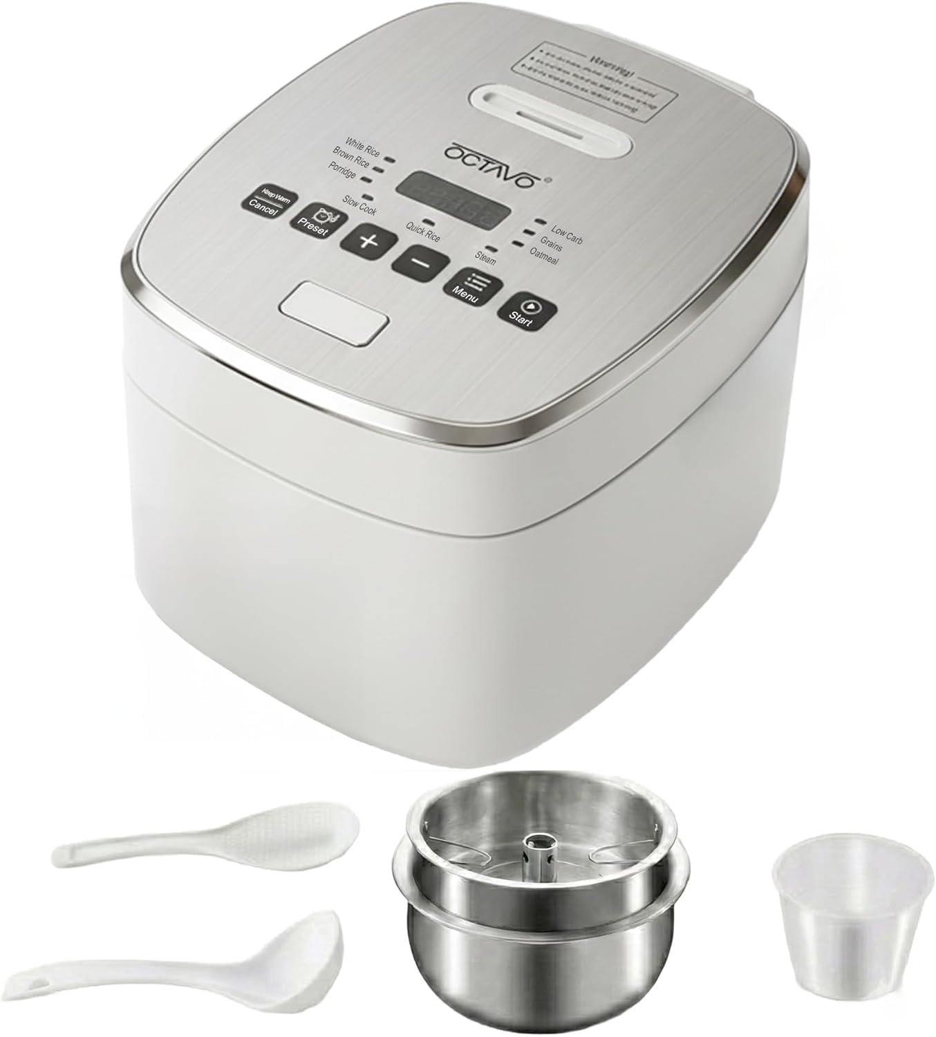 OCTAVO Low Carb Rice Cooker, 5-Cup Uncooked Stainless Steel Inner Pot, Low Sugar Rice Maker with 24H Timer and Auto Keep Warm, Small Rice Maker LED Display, White Rice-Brown Rice-Grains-Oatmeal, Bead-blasted