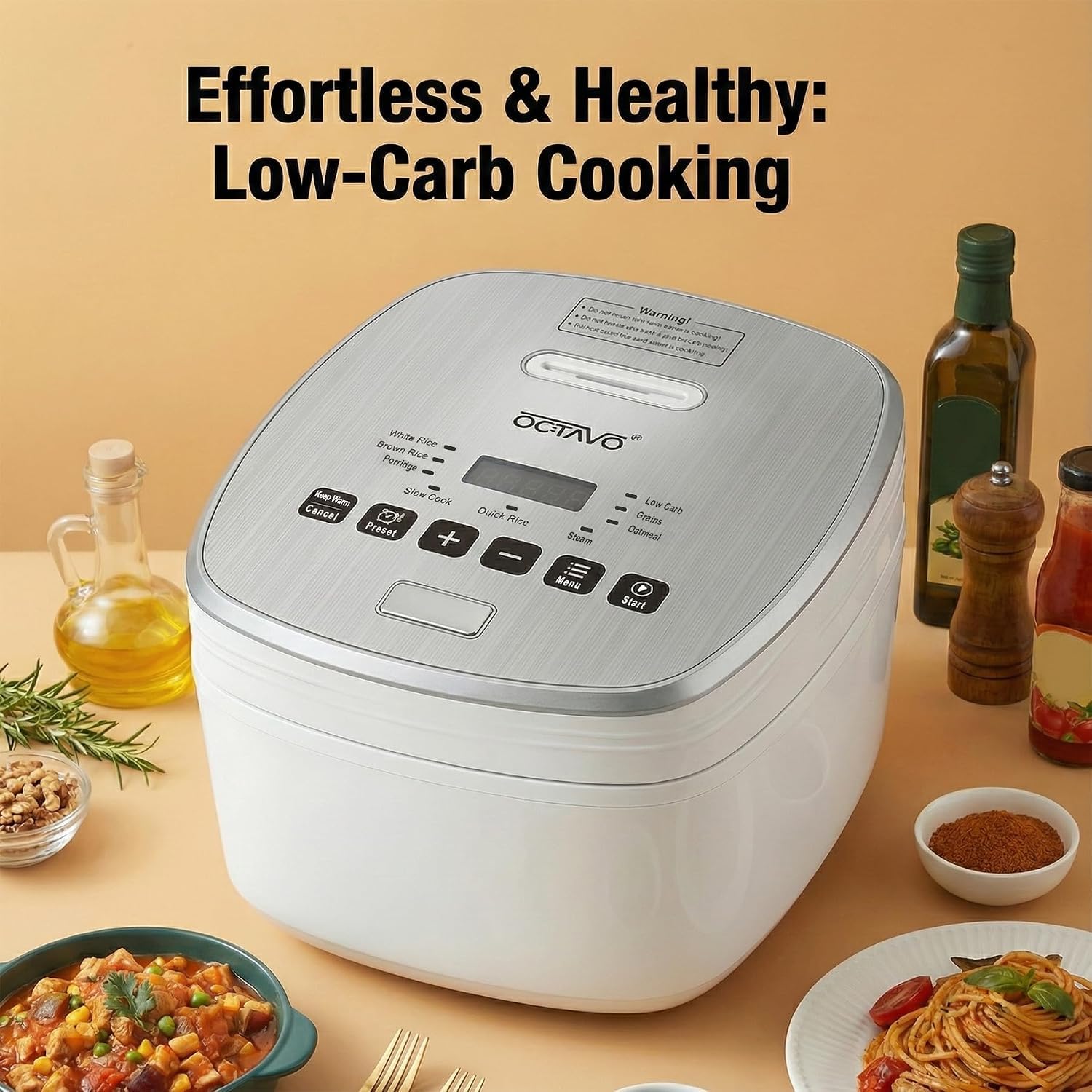 OCTAVO Low Carb Rice Cooker, 5-Cup Uncooked Stainless Steel Inner Pot, Low Sugar Rice Maker with 24H Timer and Auto Keep Warm, Small Rice Maker LED Display, White Rice/Brown Rice/Grains/Oatmeal, Bead-blasted - Image 2