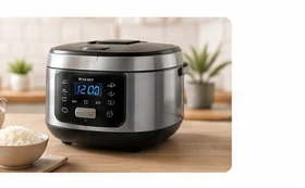 Medium size rice cooker on a bright kitchen counter