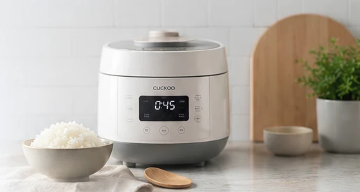 Modern rice cooker with a bowl of cooked rice in a soft kitchen setting