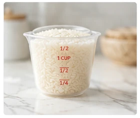 Rice measuring cup filled with uncooked rice